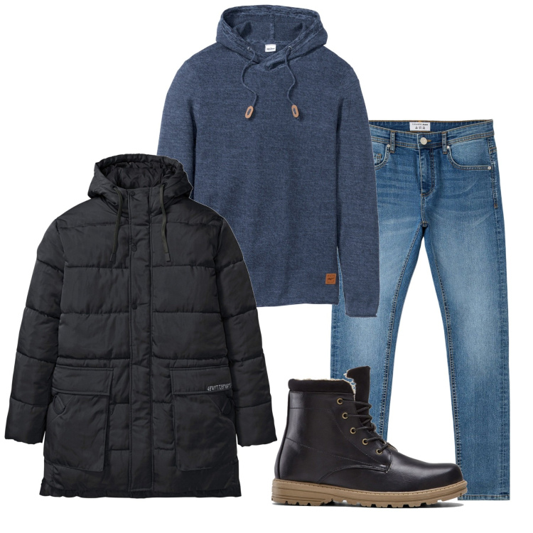 Outfit uomo - Doppio cappuccio. Stile Casual per Tutti i giorni. Abbinamento con stivali e stivaletti, maglieria, parka, jeans skinny.