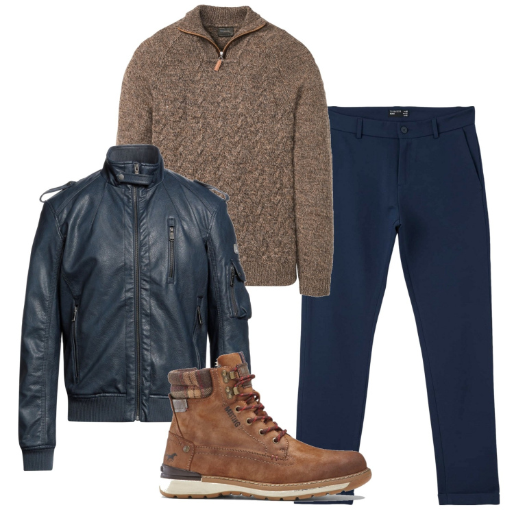 Outfit uomo - Spago e blu. Stile Casual per Tutti i giorni. Abbinamento con maglieria, stivali e stivaletti, giacche, pantaloni chino.