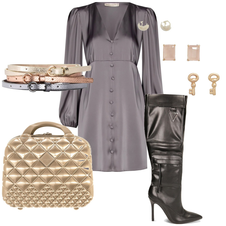 Outfit donna - Vestito corto e Cuissardes. Stile Chic per Serata fuori. Abbinamento con cinture, vestiti, stivali sopra il ginocchio, orecchini, valigie.