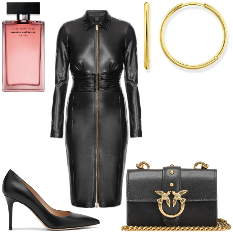 Outfit donna - Serata fuori. Stile Sexy per Serata fuori. Abbinamento con profumi, borse a tracolla, vestiti midi/longuette, orecchini, décolleté.