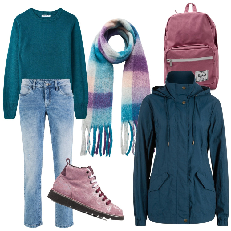 Outfit donna - Passeggiata nel verde. Stile Urban per Tutti i giorni. Abbinamento con blazer, jeans dritti, maglieria, sciarpe, stivaletti, zaini.