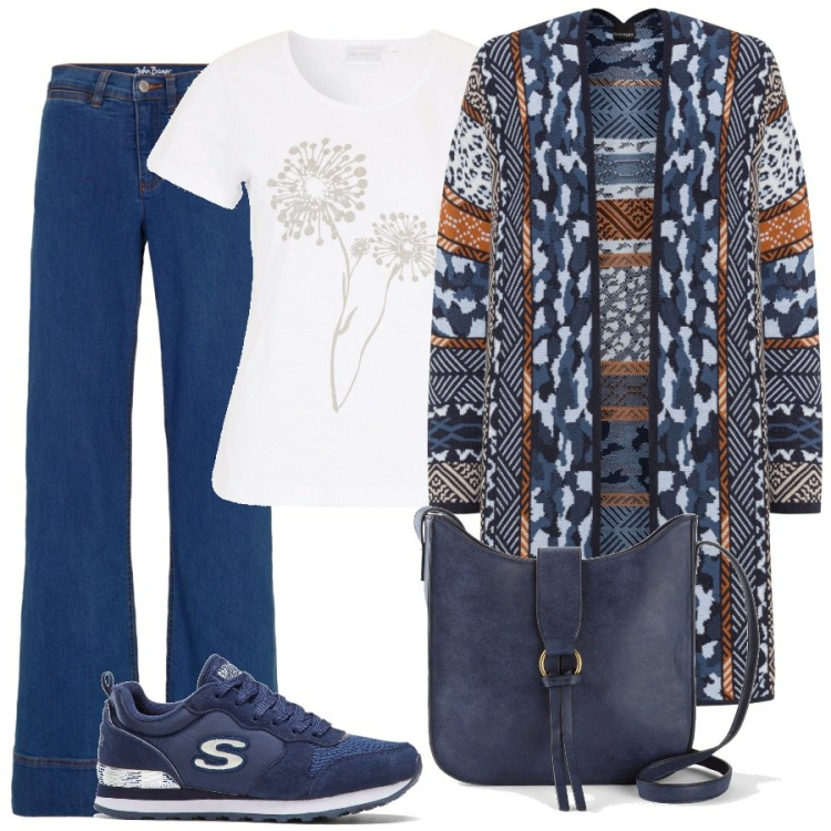 Outfit donna - Il jeans elasticizzato. Stile Casual per Tutti i giorni. Abbinamento con t-shirt, jeans, cardigans, borse a tracolla, sneakers.