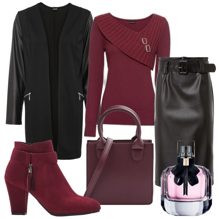Outfit donna - Serata fuori. Stile Casual chic per Serata fuori. Abbinamento con maglieria, gonne longuette, stivaletti, blazer, profumi, shopping bag.