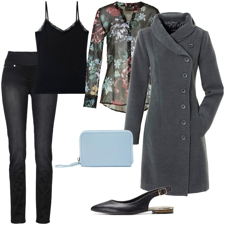 Outfit donna - Singles\' Day - Novembre. Stile Casual chic per Ufficio. Abbinamento con cappotti, jeans, camicie, ballerine, canottiere, portafogli.