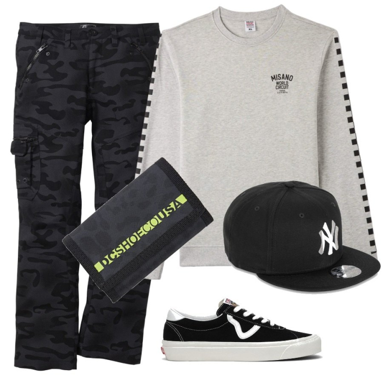 Outfit uomo - Total look #1757728. Stile Urban per Tutti i giorni. Abbinamento con pantaloni cargo, felpe, cappelli con visiera, sneakers, portamonete.