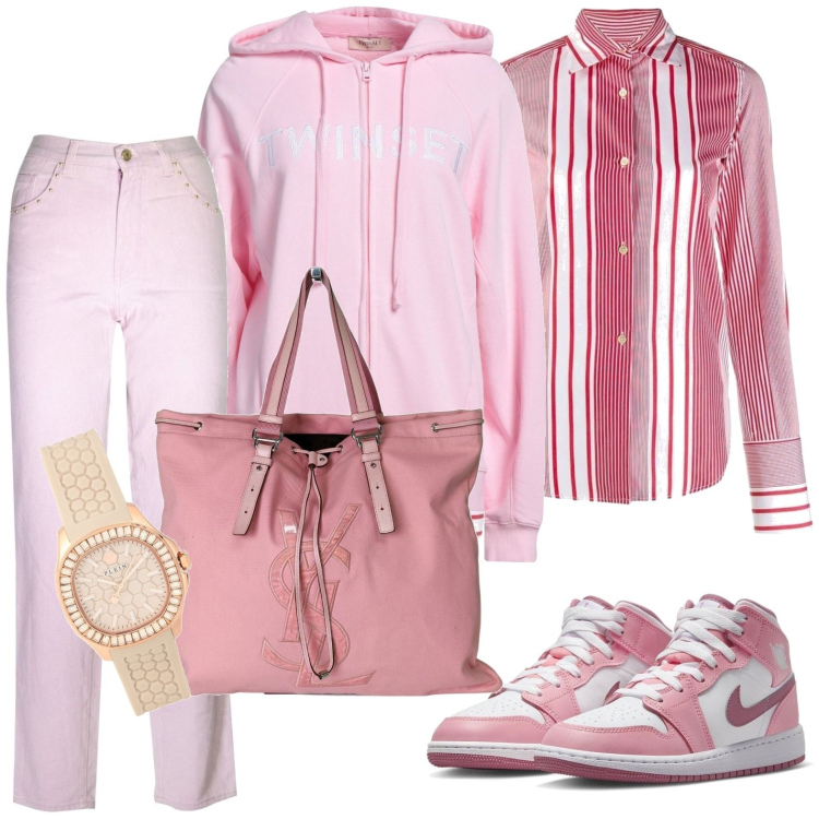 Outfit donna - Sportiva ovunque. Stile Casual per Tutti i giorni. Abbinamento con felpe con cappuccio, camicie, borse a spalla, sneakers, pantaloni, orologi.