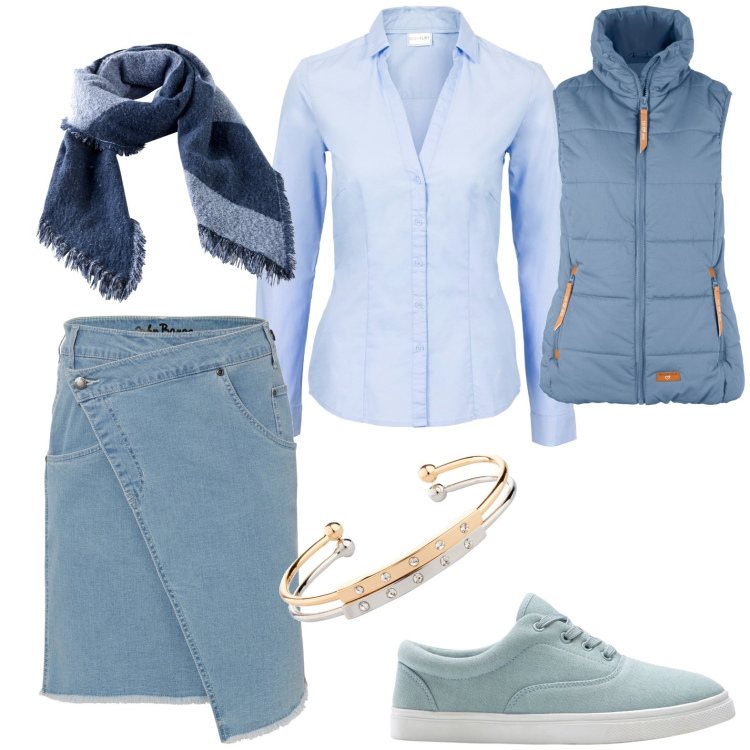 Outfit donna - Total look #1757733. Stile Casual per Tutti i giorni. Abbinamento con camicie, gonne, piumini, sneakers alte, braccialetti, sciarpe.