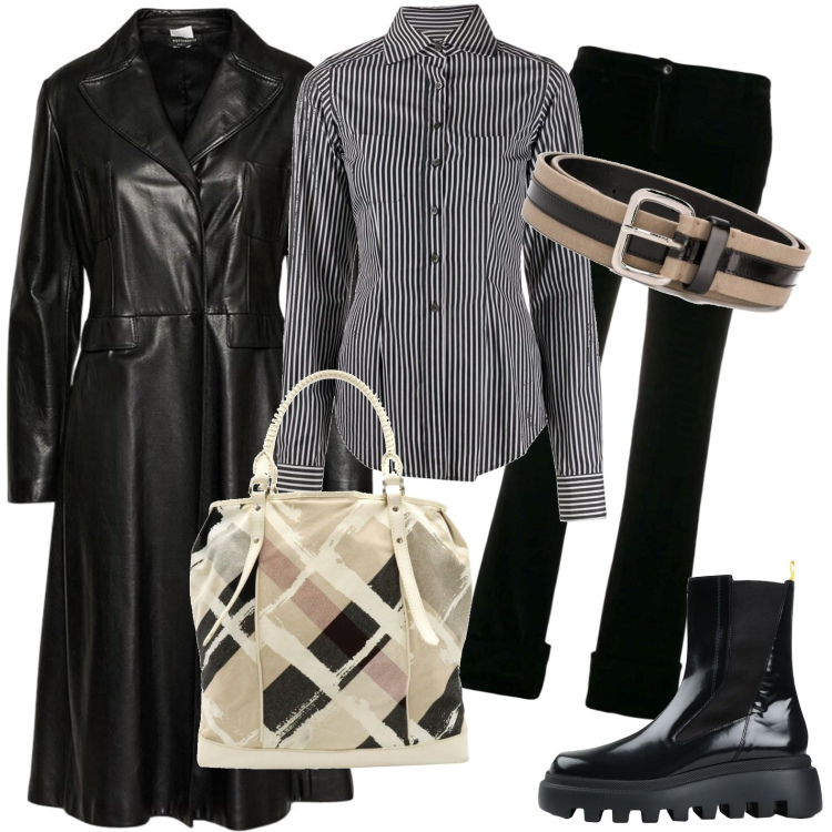Outfit donna - Total look #1757740. Stile Casual chic per Serata fuori. Abbinamento con stivaletti, camicie, borse a mano, pantaloni, cinture, cappotti.