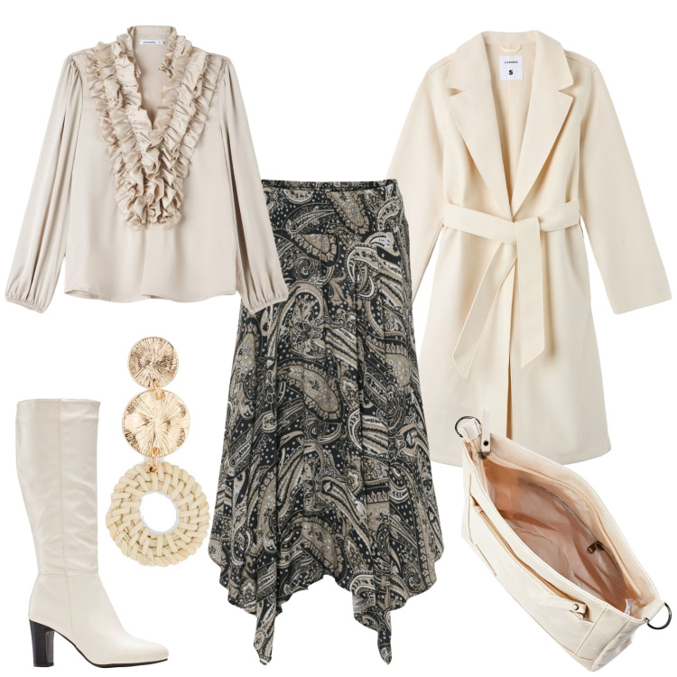 Outfit donna - La gonna paisley e gli stivali. Stile Boho per Serata fuori. Abbinamento con orecchini, gonne longuette, stivali, borse a tracolla, cappotti, camicie.