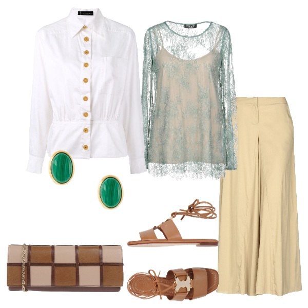 Outfit donna - Uno sguardo alla Fashion Week SS 2019. Stile Trendy per Tutti i giorni. Abbinamento con blusa con pizzo fantasia floreale collo tondo a maniche lunghe crêpe, gonne lunghe, borsa a mano fantasia multicolore taglia media con zip interno foderato con tasca interna, sandali, sabot, mules e ciabattine trendy, orecchini taglia unica oro e verde, giacca aderente.