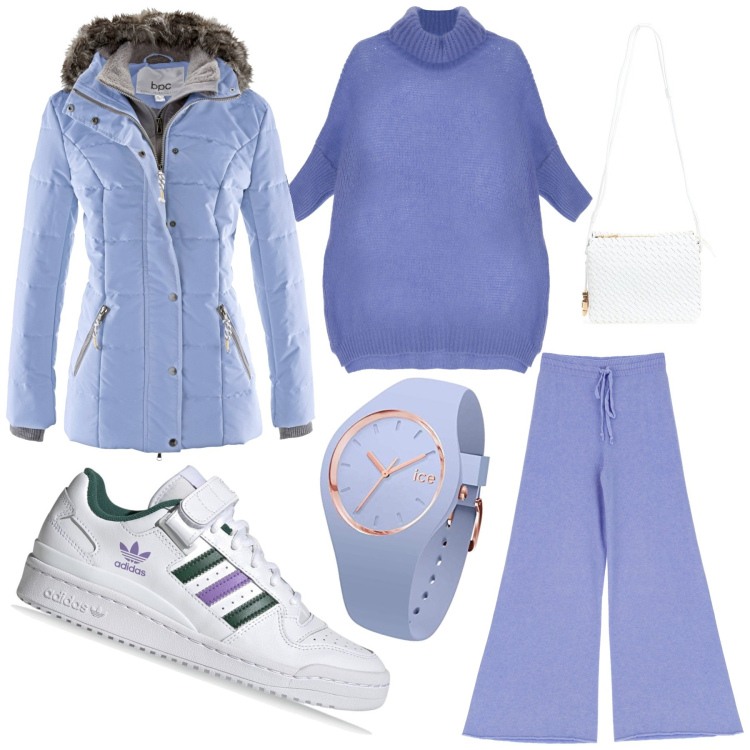Outfit donna - In lilla. Stile Casual per Tutti i giorni. Abbinamento con piumini, borse a tracolla, maglieria, pantaloni a palazzo, sneakers, orologi.