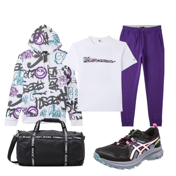 Outfit uomo - Pronto per la palestra…. Stile Casual per Sport. Abbinamento con t-shirt, pantaloni, felpe con cappuccio, borse sportive, scarpe sportive.