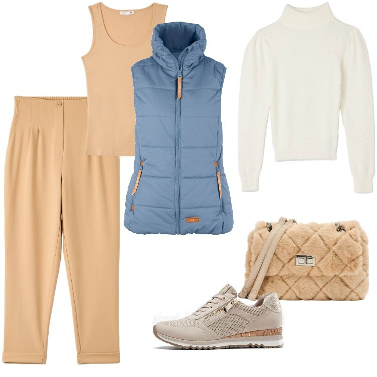 Outfit donna - Singles\' Day - Novembre. Stile Sporty chic per Ufficio. Abbinamento con sneakers, piumini, pantaloni chino, borse a spalla, maglieria, canottiere.