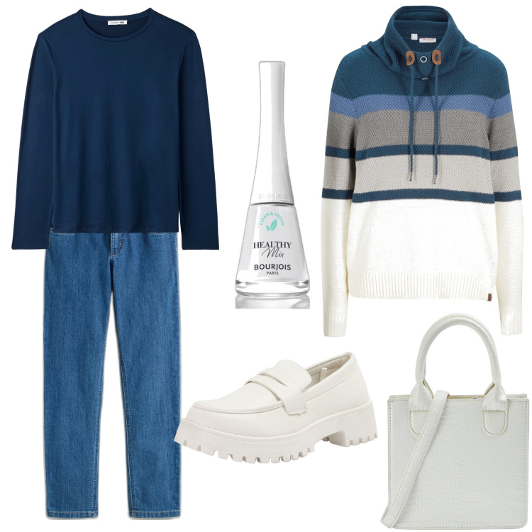 Outfit donna - Jeans sempre versatili. Stile Casual per Tutti i giorni. Abbinamento con maglieria, jeans dritti, smalti, t-shirt, shopping bag, mocassini.
