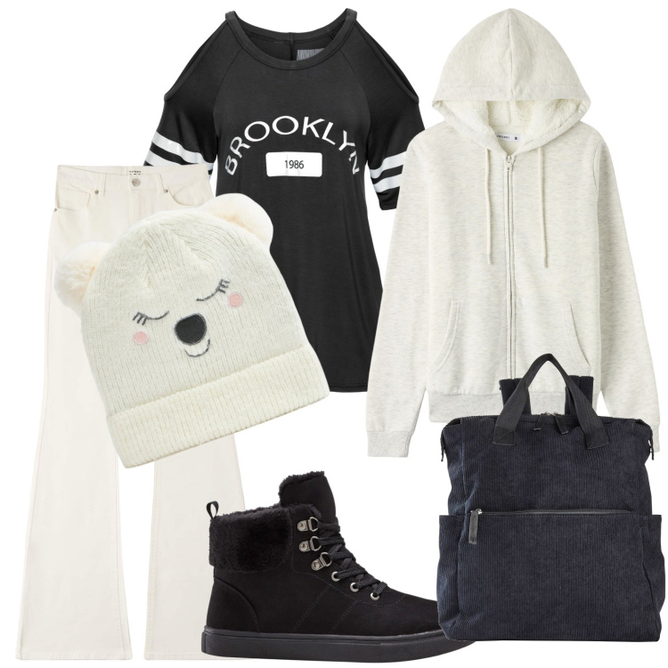 Outfit donna - Scuola. Stile Casual per Scuola/Università. Abbinamento con maglieria, sneakers alte, zaini, felpe con cappuccio, pantaloni, berretti.