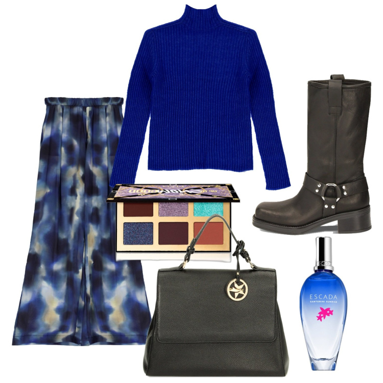 Outfit donna - Cobalto. Stile Basic per Ufficio. Abbinamento con profumi, ombretti, pullovers, pantaloni a palazzo, borse a mano, stivaletti.