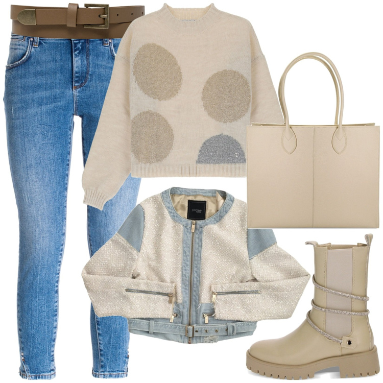Outfit donna - Stile e praticità. Stile Casual per Scuola/Università. Abbinamento con bolero, jeans, pullovers, stivaletti chelsea, borse a spalla, cinture.