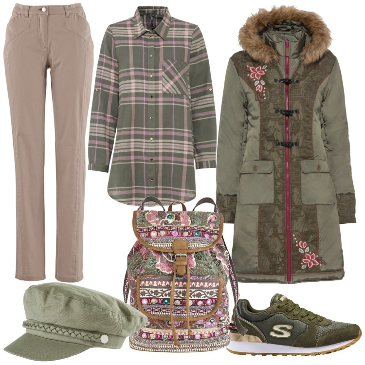 Outfit donna - Il verde e il rosa. Stile Casual per Tutti i giorni. Abbinamento con cappelli, cappotti, sneakers, camicie, pantaloni, zaini.