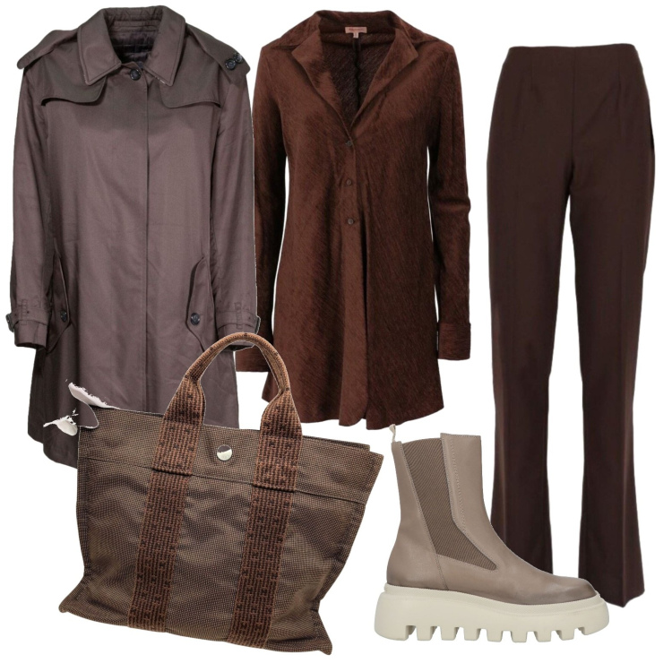 Outfit donna - Total look #1757914. Stile Casual chic per Ufficio. Abbinamento con stivaletti, camicie, trench, borse a spalla, pantaloni.