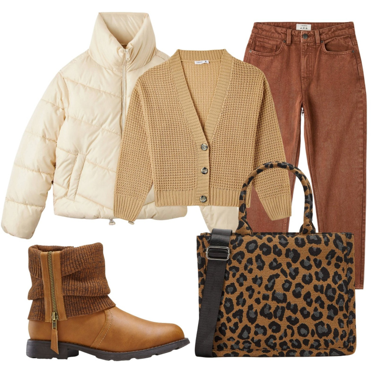 Outfit donna - Total look #1757915. Stile Casual per Tutti i giorni. Abbinamento con stivaletti, jeans mom, piumini, shopping bag, cardigans.