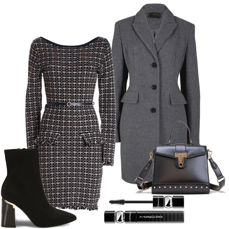 Outfit donna - Elegante. Stile Bon Ton per Serata fuori. Abbinamento con cappotti, mascara, vestiti, borse tote, stivaletti.