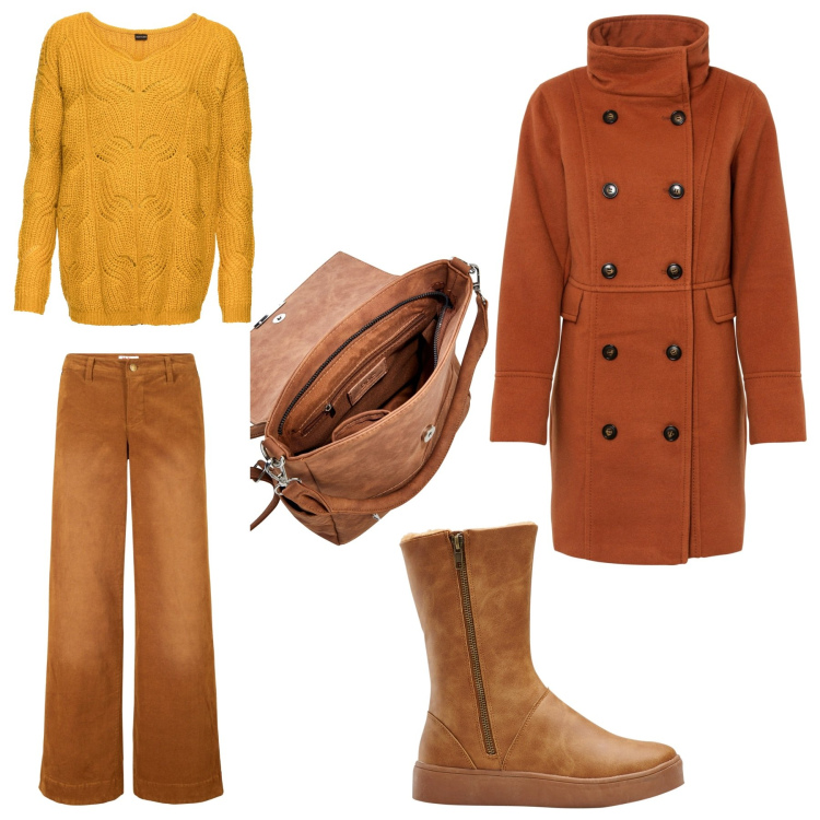 Outfit donna - Caldo inverno. Stile Casual per Tutti i giorni. Abbinamento con pantaloni, stivali, maglieria, cappotti, zaini.