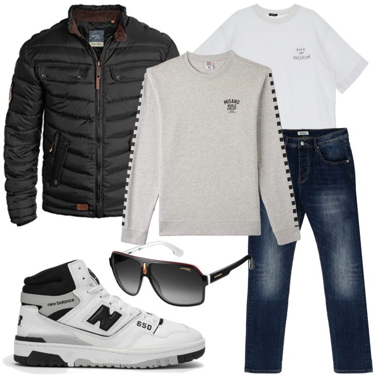 Outfit uomo - Passeggiata al mare. Stile Casual per Tutti i giorni. Abbinamento con felpe, jeans dritti, t-shirt, giacche sportive, sneakers alte, occhiali da sole.