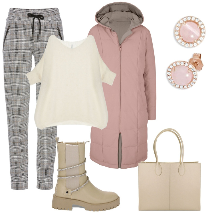 Outfit donna - Il Pullover del cuore. Stile Casual chic per Tutti i giorni. Abbinamento con pantaloni, cappotti, pullovers, stivaletti chelsea, borse a spalla, orecchini.