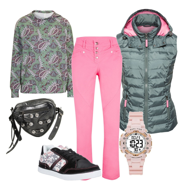 Outfit donna - Total look #1757948. Stile Sporty chic per Tutti i giorni. Abbinamento con gilet, felpe con cappuccio, pantaloni, borse a tracolla, orologi digitali, scarpe sportive.