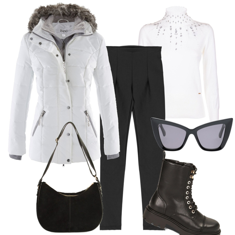 Outfit donna - Un giorno in montagna. Stile Casual chic per Tutti i giorni. Abbinamento con piumini, occhiali da sole, pantaloni skinny, maglieria, anfibi, borse a spalla.