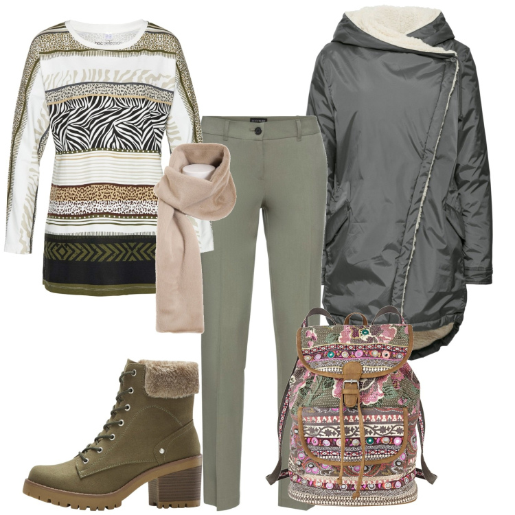Outfit donna - Total look #1757963. Stile Casual per Tutti i giorni. Abbinamento con pantaloni, cappotti, maglieria, stivaletti, zaini, foulard.