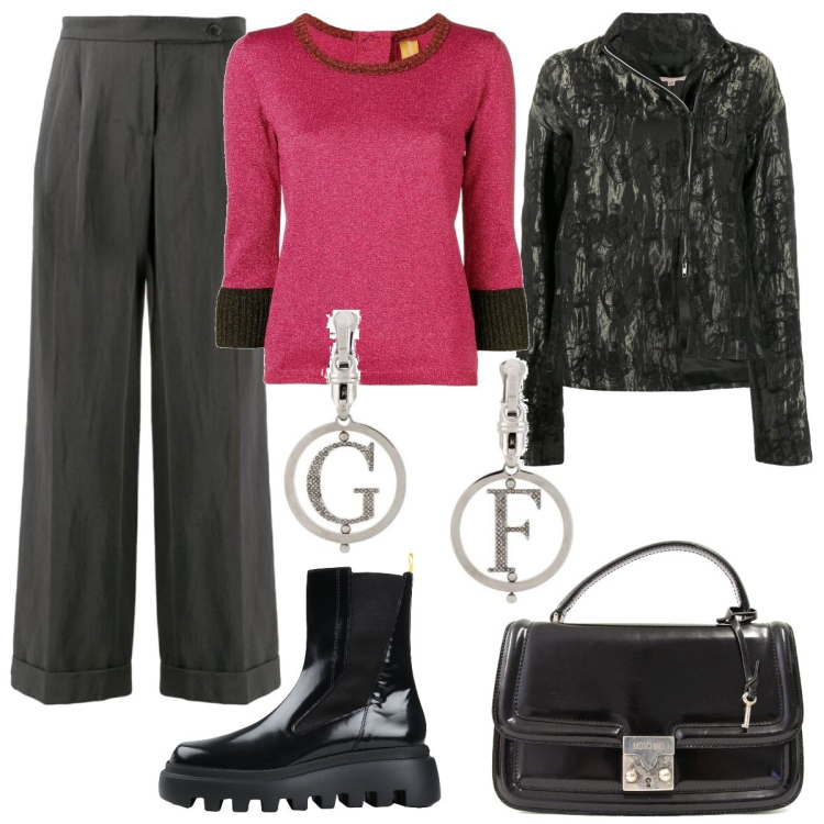 Outfit donna - Per una serata fuori. Stile Casual chic per Serata fuori. Abbinamento con stivaletti, pullovers, blazer, orecchini, pantaloni, borse a mano.
