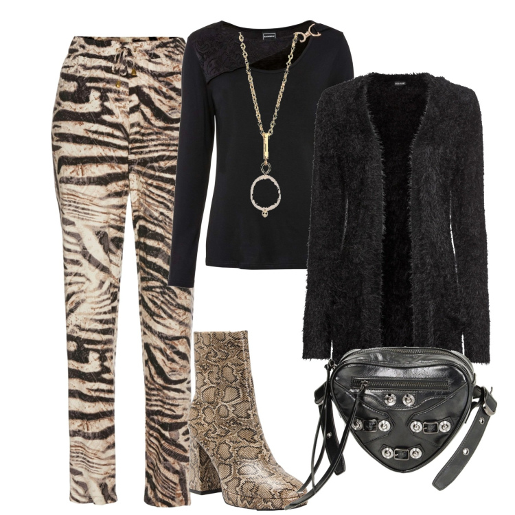 Outfit donna - Animalier. Stile Sexy per Tutti i giorni. Abbinamento con cardigans, pantaloni, maglieria, stivaletti, borse a tracolla, collane.