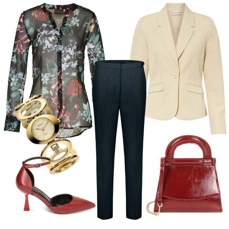 Outfit donna - Total look #1758011. Stile Casual chic per Ufficio. Abbinamento con blazer, camicie, borse a mano, décolleté, pantaloni, orologi.