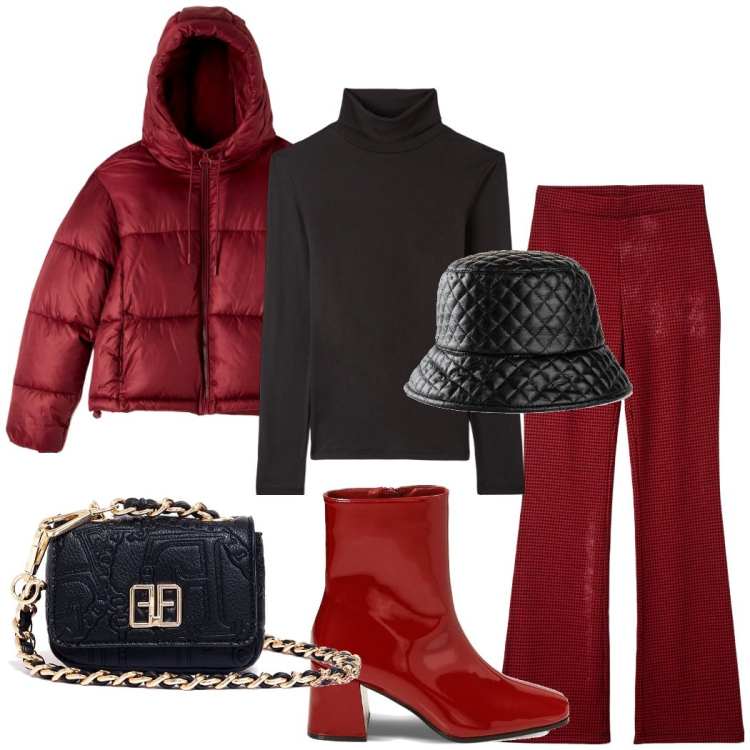 Outfit donna - Pantalone colorato. Stile Casual chic per Tutti i giorni. Abbinamento con cappelli con visiera, pantaloni, piumini, t-shirt, marsupi, stivaletti.