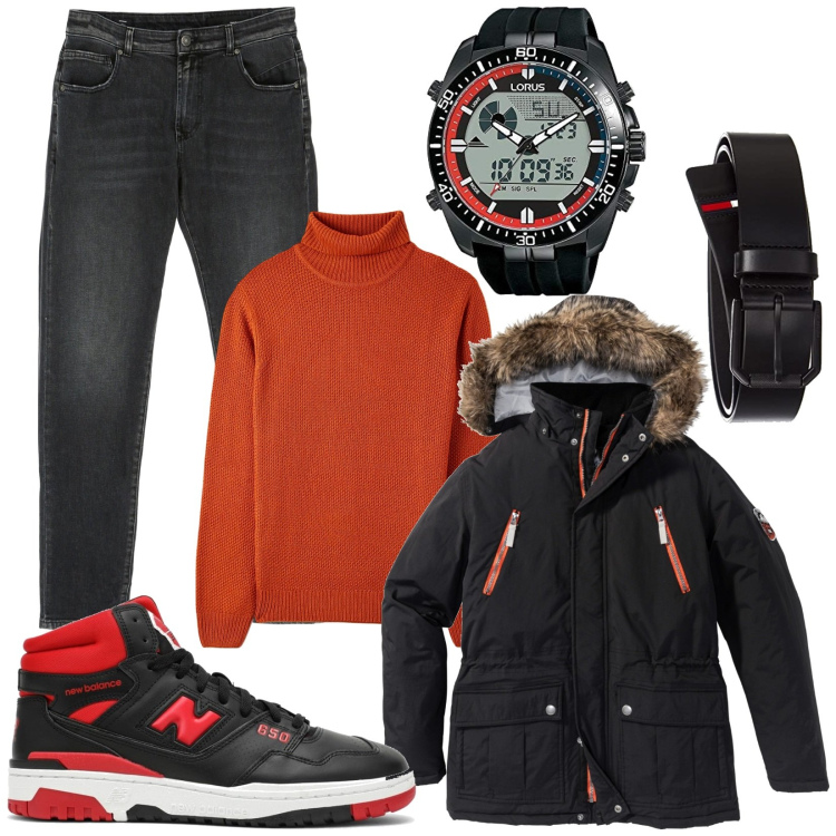 Outfit uomo - Novembre. Stile Casual per Tutti i giorni. Abbinamento con parka, maglieria, jeans, sneakers alte, orologi digitali, cinture.