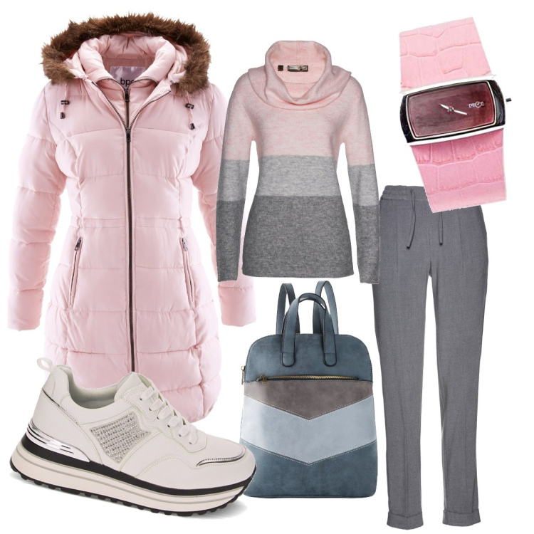 Outfit donna - Il piumino rosa. Stile Sporty chic per Tutti i giorni. Abbinamento con giacche, maglieria, pantaloni, zaini, sneakers, orologi analogici.