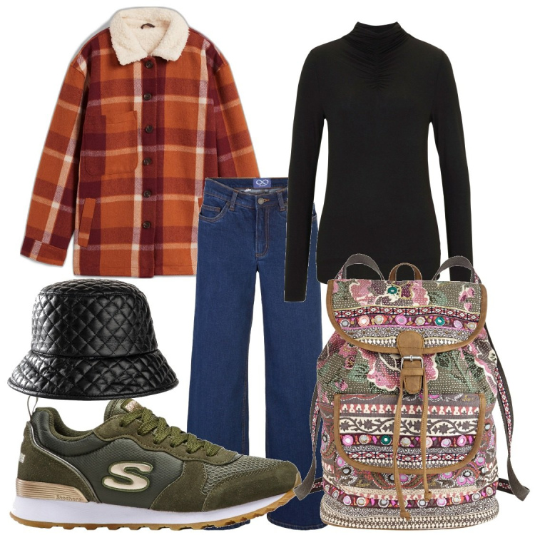 Outfit donna - Total look nel bosco. Stile Casual per Tutti i giorni. Abbinamento con cappelli con visiera, maglieria, blazer, sneakers, jeans, zaini.