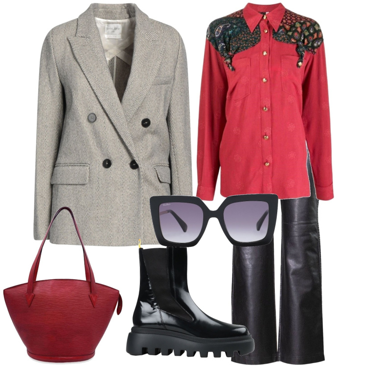 Outfit donna - Il rosso e il nero. Stile Mannish per Serata fuori. Abbinamento con stivaletti, borse a spalla, camicie, occhiali da sole, pantaloni, blazer.