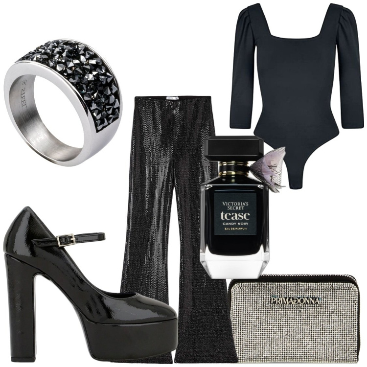 Outfit donna - La zeppa. Stile Sexy per Serata fuori. Abbinamento con anelli, profumi, leggings, décolleté, portafogli, body.