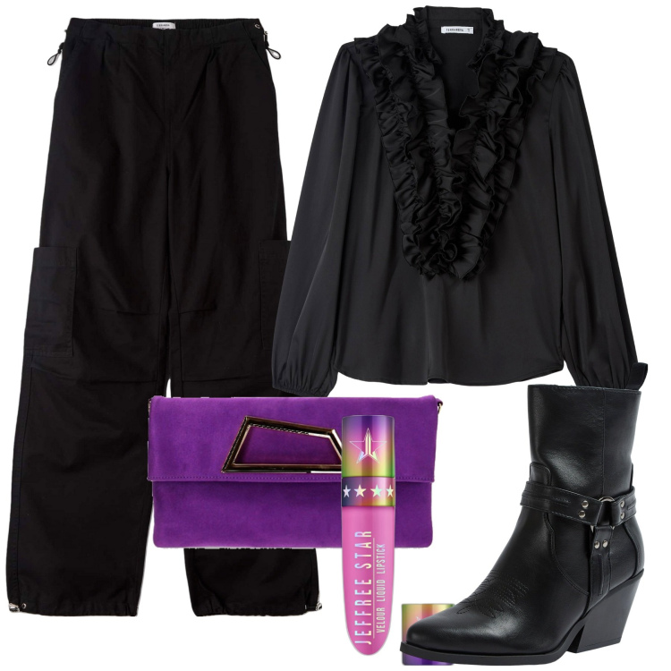 Outfit donna - Sabato in pizzeria con gli amici. Stile Casual chic per Serata fuori. Abbinamento con rossetti, stivaletti texani, camicie, pantaloni cargo, pochette.