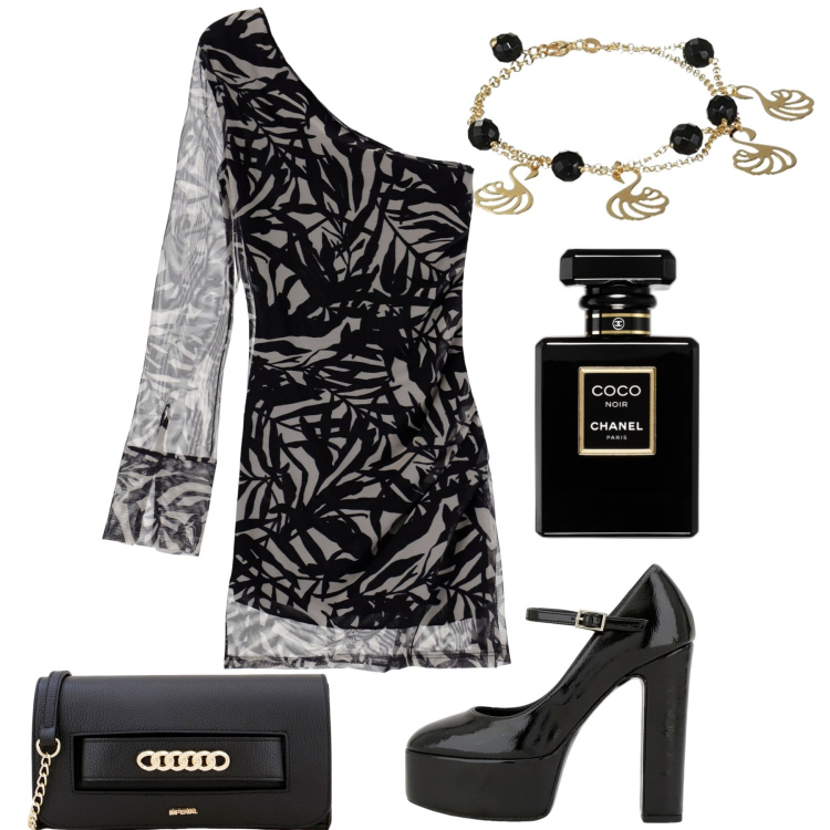 Outfit donna - Serata. Stile Sexy per Serata fuori. Abbinamento con profumi, vestiti corti, décolleté, pochette, braccialetti.