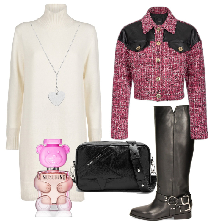 Outfit donna - In centro. Stile Bon Ton per Tutti i giorni. Abbinamento con profumi, blazer, stivali, ciondoli, vestiti, borse a tracolla.