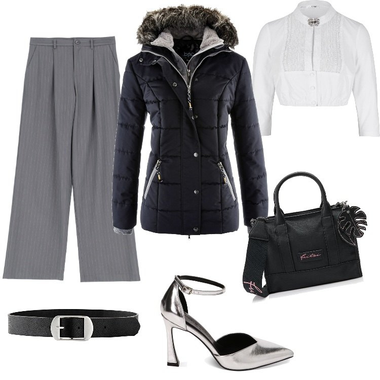Outfit donna - Simply chic - Novembre. Stile Chic per Ufficio. Abbinamento con piumini, camicie, cinture, pantaloni a palazzo, décolleté, ciondoli.