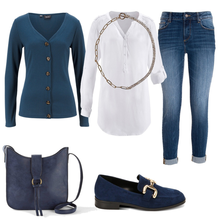 Outfit donna - Passeggiata in città. Stile Casual chic per Tutti i giorni. Abbinamento con tuniche, pullovers, borse a tracolla, jeans, mocassini, collane.
