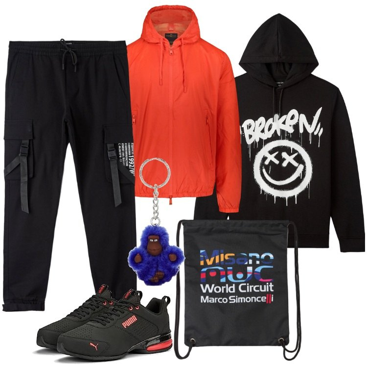 Outfit uomo - Pantaloni Cargo Trendy. Stile Trendy per Tutti i giorni. Abbinamento con borse sportive, felpe con cappuccio, pantaloni cargo, giacche, scarpe sportive, portachiavi.