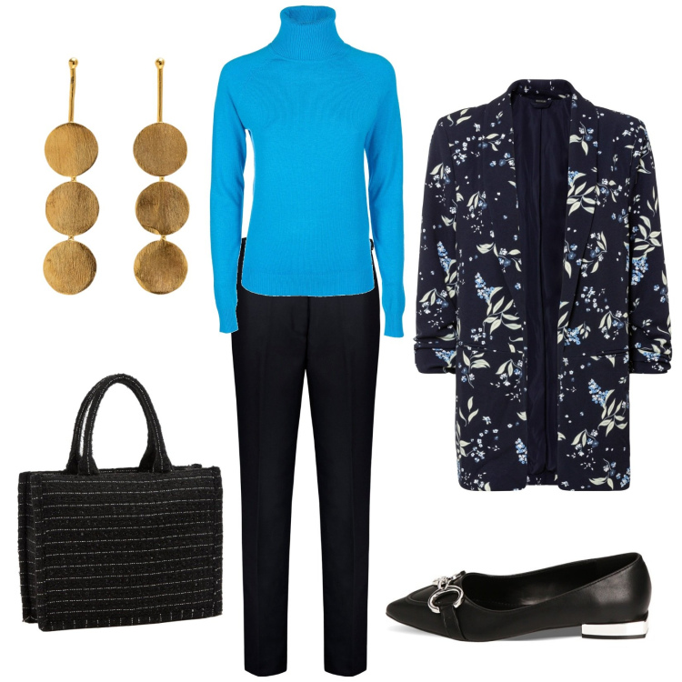 Outfit donna - Giacca fantasia. Stile Casual per Ufficio. Abbinamento con blazer, shopping bag, maglieria, ballerine, pantaloni, orecchini.