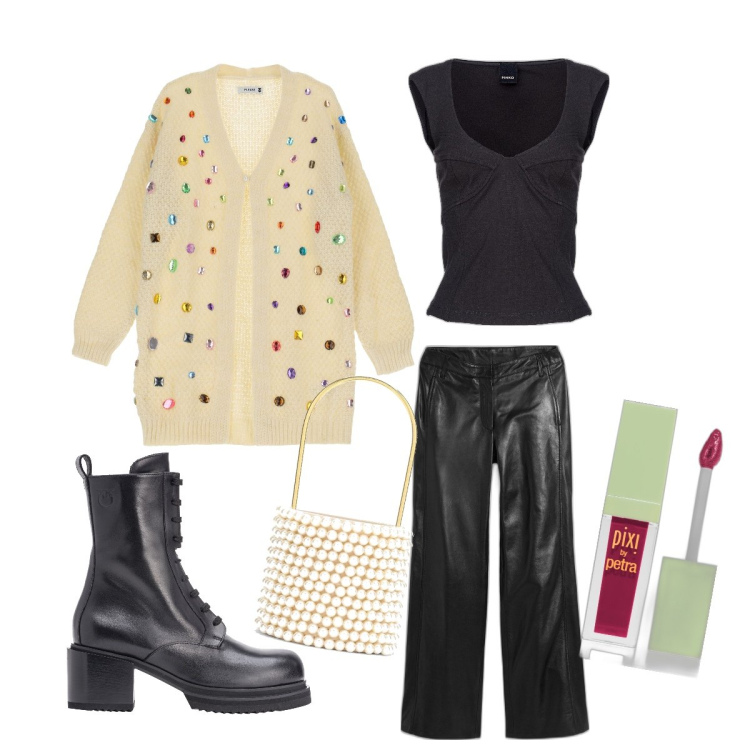 Outfit donna - Colori a Contrasto. Stile Casual per Tutti i giorni. Abbinamento con pantaloni, rossetti, anfibi, top, cardigans, borse a secchiello.