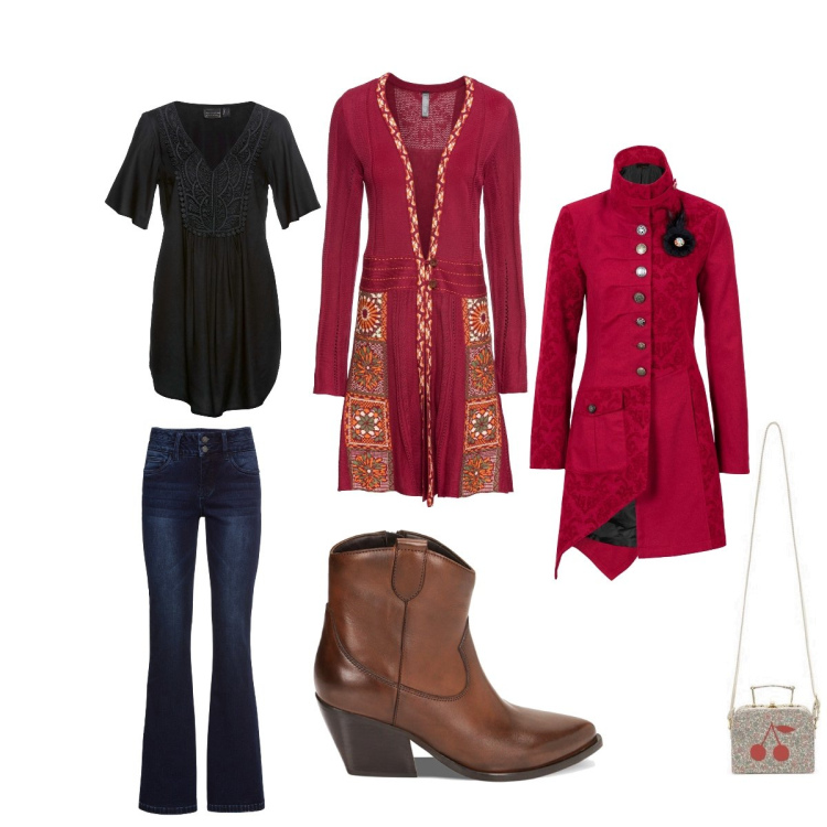 Outfit donna - Curvy boho. Stile 70s per Tutti i giorni. Abbinamento con jeans bootcut, cappotti, cardigans, tuniche, stivaletti texani, borse a tracolla.