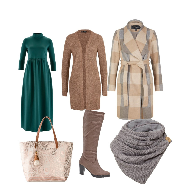 Outfit donna - Single chic. Stile Casual chic per Tutti i giorni. Abbinamento con foulard, vestiti midi/longuette, cappotti, cardigans, stivali, shopping bag.